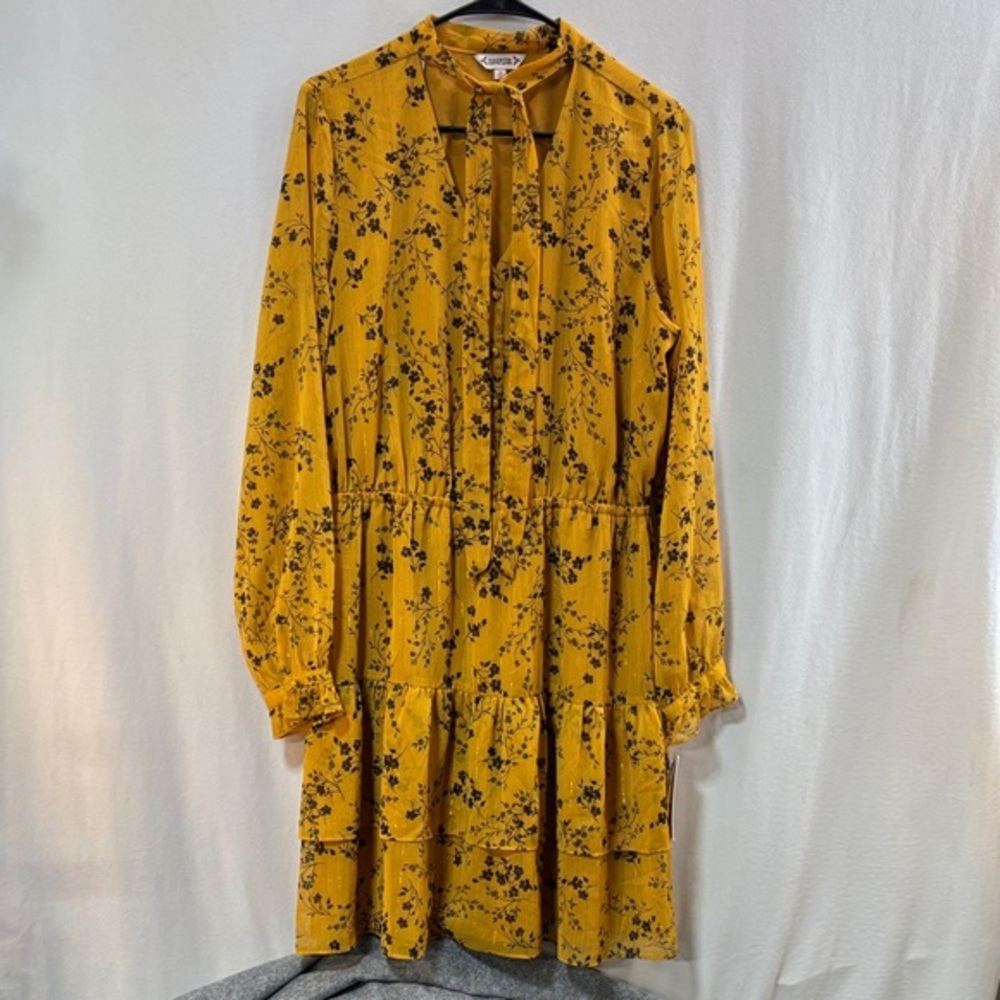 Nanette Lepore colonel mustard floral tie neck  lined long sleeve ruffle dress